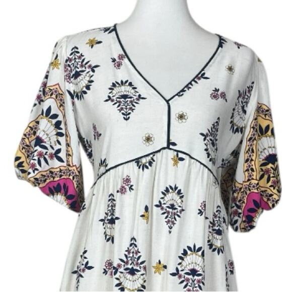 Fig + Flower New Midi Dress V-neck Puff Sleeve Cream Multi Women’s Size Small - Picture 6 of 13